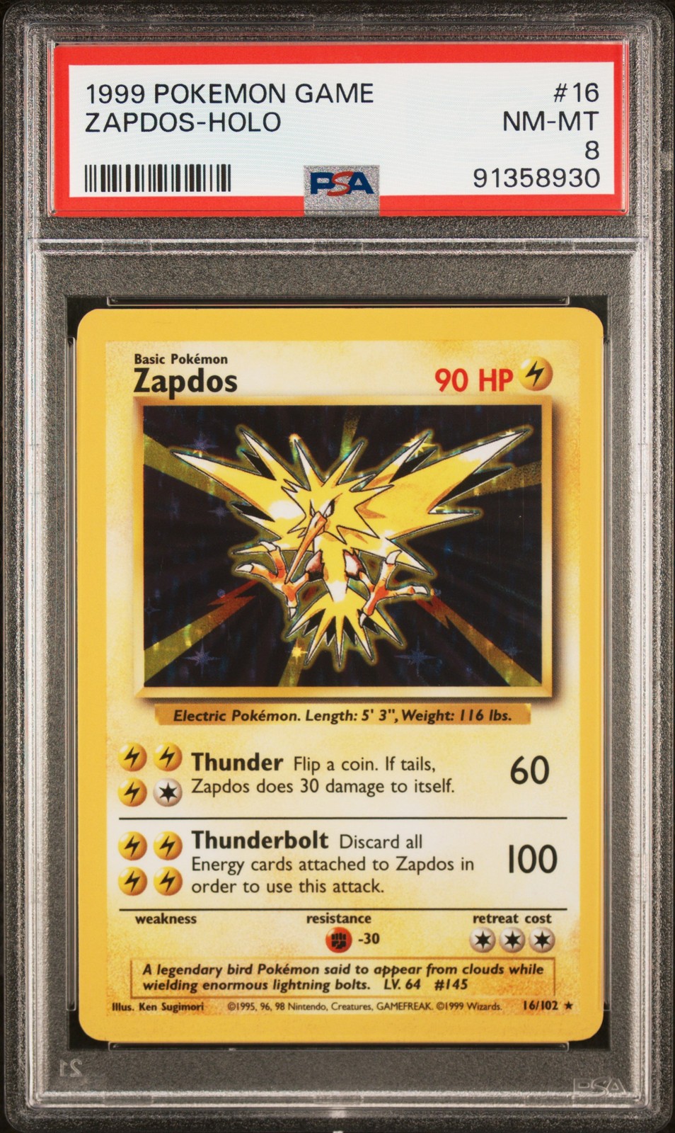 1999 POKEMON GAME #16 ZAPDOS-HOLO PSA 8