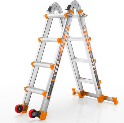 Telescoping A-Frame Ladder with Wheels & Stabilizer Bar - 14FT Folding Extension