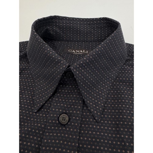Canali, Canali Dress Shirt MEDIUM Brown Diamond Hidden Button Down Cotton Made in Italy