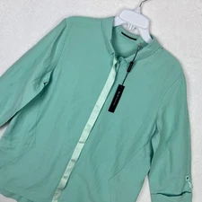 Elie Tahari Carly Blouse Womens Large New Linen Green Roll Sleeve Button Up Top