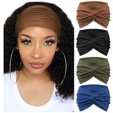 4 Pack Turban Headbands for Women Wide 4 Pcs: Olive, Blue, Brown, Black a