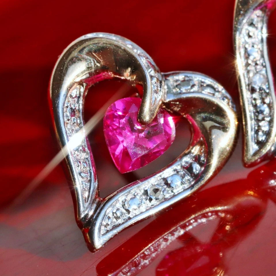 10k multitone gold earrings 0.62ct lab-created ruby diamond open heart stud 1.6g - Image 2 of 4