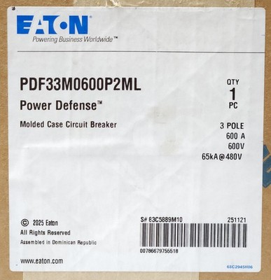 EATON PDF33M0600P2ML 3 Pole 600 AMP POWER DEFENSE PDF3 Circuit Breaker 480 VAC