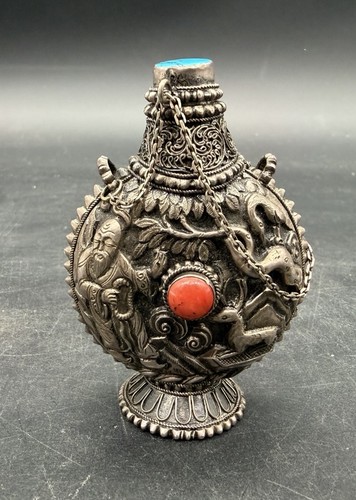 Vintage Chinese Asian Snuff Bottle Metal Turquoise Coral Stones 2.75"