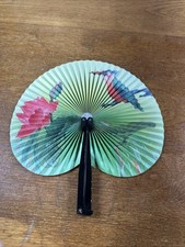 Vtg Asian Black Metal Green Paper Floral Bird Design Folding Fan 10