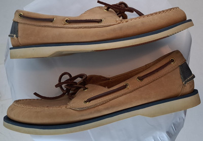 Vintage Mens Lands End Leather Upper Deck-Boat Shoes 10M 90985 Tan&Blue