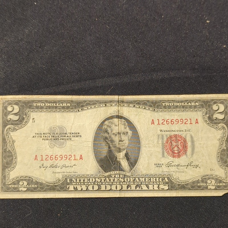1953 $2 Red Seal Banknote with Binary Serial Number 12669921
