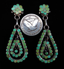 Native American Vintage Zuni Earrings Sterling Silver and Turquoise Cluster Drop