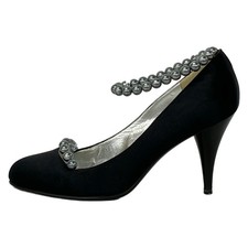 CHANEL Black Silver Satin Faux Pearl Women's Pumps