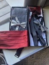 Men's Black Clip-On Adjustable Elastic Suspenders Bow Tie Cummerbund Wedding