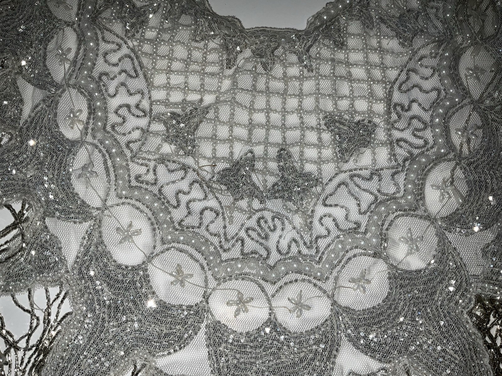 Vintage Beaded Sequin Silver White Pearls Elegant Wrap Shawl Capelet NYE FORMAL