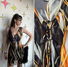 90s Grunge Sheer cyber goth Lace Up Keyhole Mesh Flame Print Bodycon Dress M