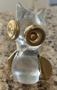 Small MCM Glass & Gold Color Whimsical Owl 4.25 X 2.5” X 2”