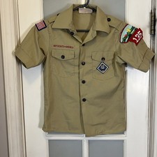 Vintage Boy Scout Uniform Shirt Youth Medium Tan USA BSA Patches