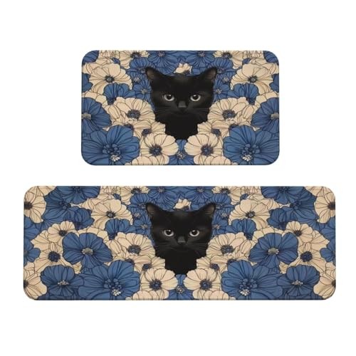 Cute Non-Slip Cat Themed Kitchen Rugs Set of 2 Floor Mats
