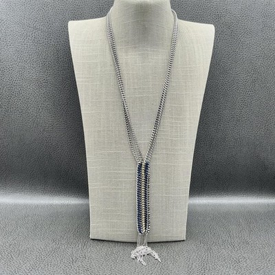 Stella & Dot Silver Tone Blue Cream Chain Tassel Y Necklace Womens Fashion Long