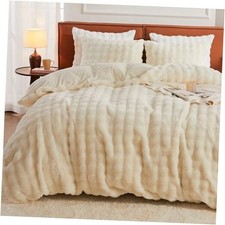 Faux Fur Duvet Cover Queen Size, 3 Pieces Full/Queen 01-bubble-cream White