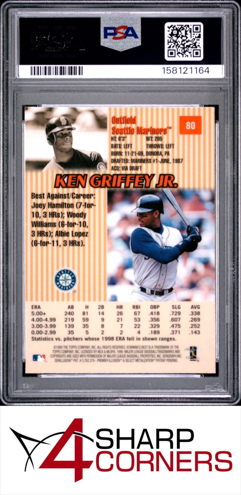 1999 BOWMAN'S BEST #80 KEN GRIFFEY JR. MARINERS HOF PSA 10 view 2