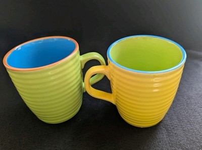 Set of 2 TAMS Mugs,Made in England, Solid Ribbed Pattern,Bright Green and Yellow