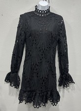 PrettyLittleThing Midi Dress Womens 8 Black Eyelet Crochet Zip Long Sleeves NWT