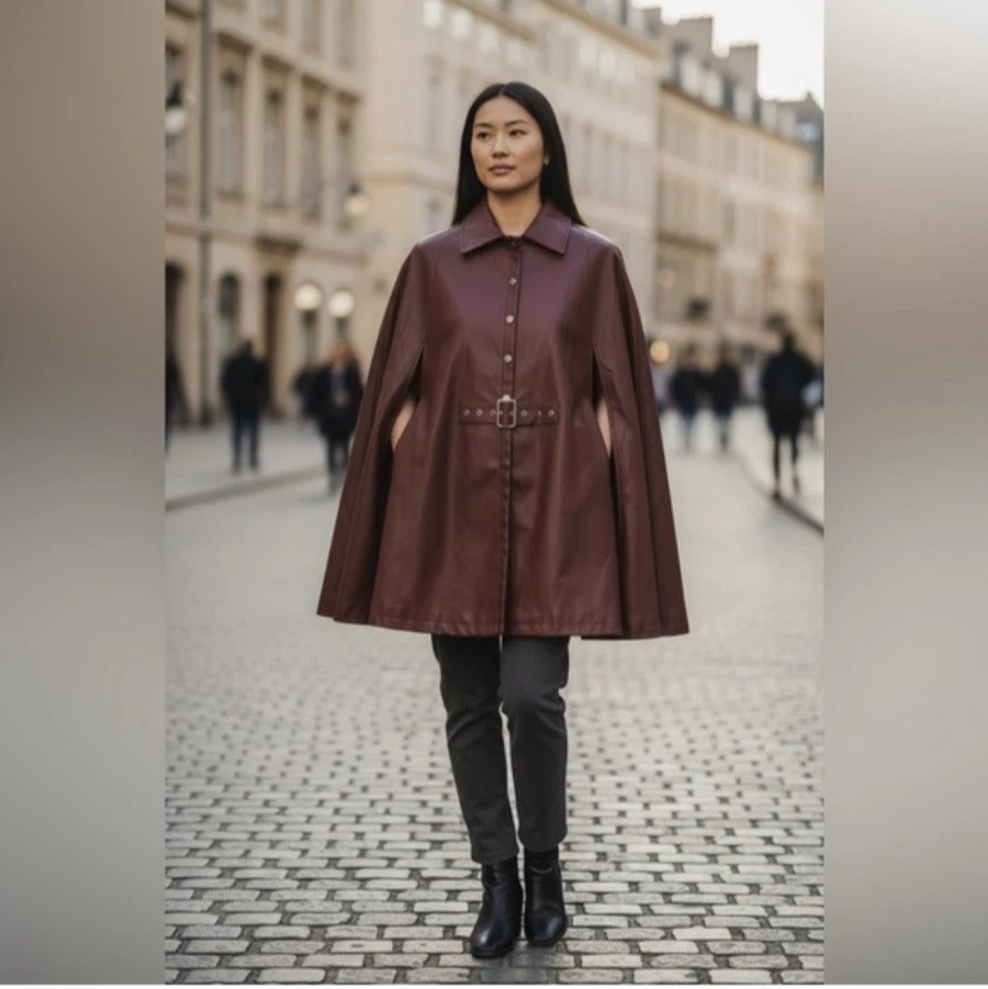 New JASON WU Faux Leather Cape Poncho Burgundy Wine Red Belted Sz One Size NWT