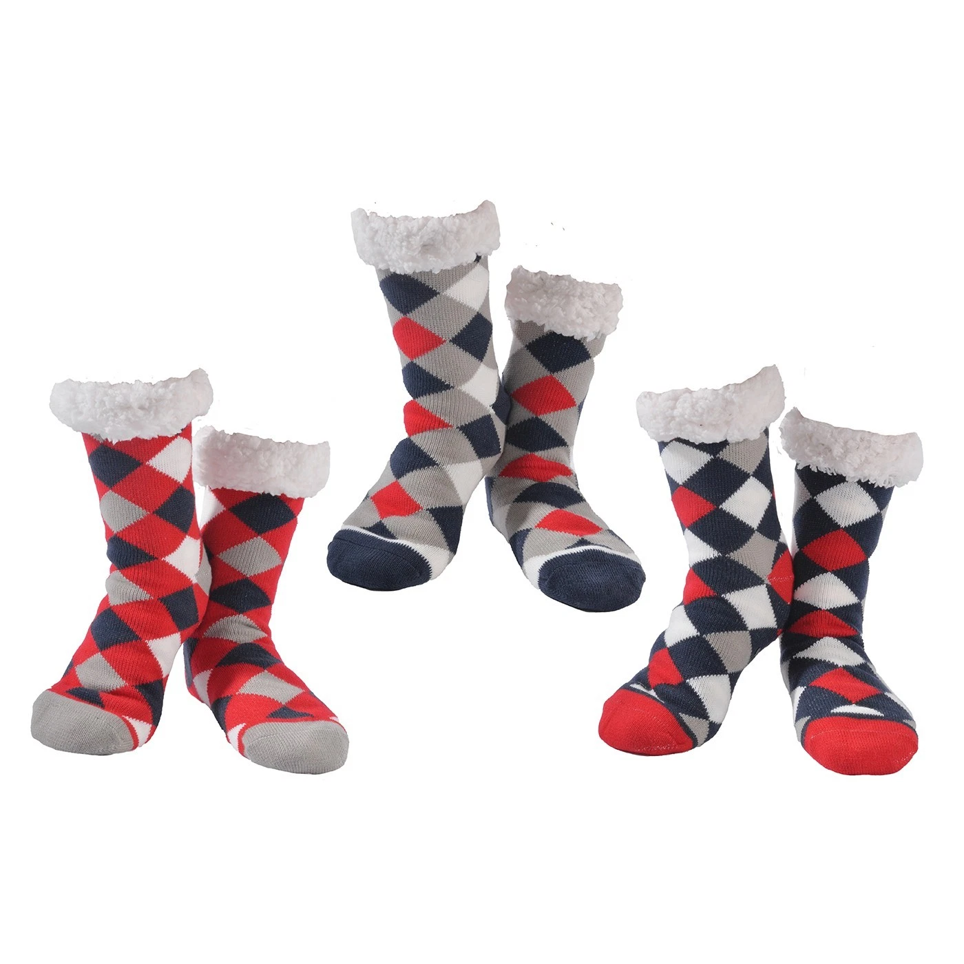 Nuzzles Ladies Diamond Style Slipper Socks Fleece Lined, Non-Slip Soles 3 Pack
