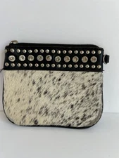 Black Leather Cowhide Fur Rhinestones Currency Coin Purse Belt Loop Snap & Strap