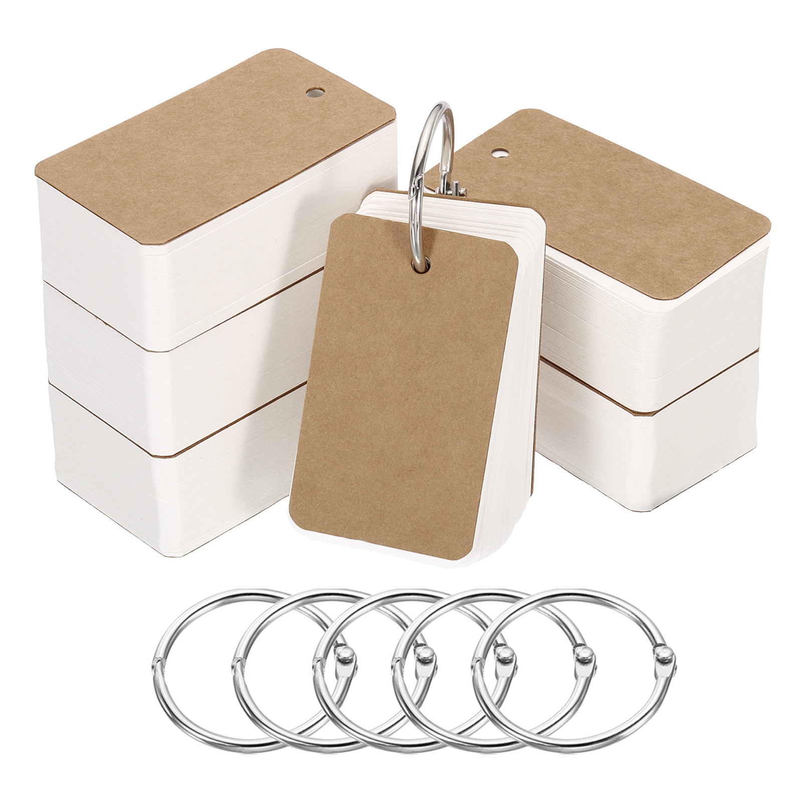 Blank Index Cards with Ring, 600Pcs Blank Flash Card 2.8x1.6" Brown White