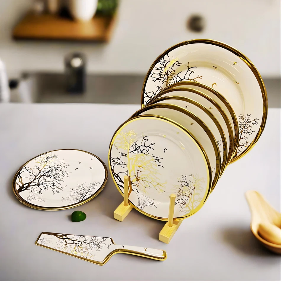 Tortenplatte Set 8 teilig - Große Kuchenplatte + 6 Kuchenteller & Kuchenheber