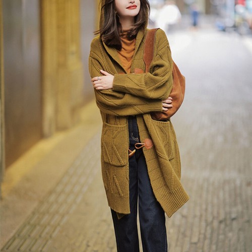 Lady Knit Top Knitwear Hooded Coat Cardigan Sweater Jacket Thick Casual Elegant - Picture 5 of 12