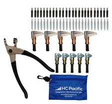 25 each C5/32  C3/32 Cleco Fasteners Made in USA w/ Clamps, Pliers and Pouch