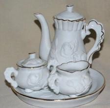Bisque-Tea Set-Rose designW/GoldTrim 6Piece.Small White-4"Tall TeaPot. Pre-Own'd