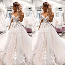 Boho Wedding Dress V Neck Lace Applique A Line Sweep Train Beach Bridal Gowns