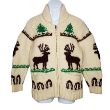 Vtg Cowichan Deer Buck Elk Wool Hand Knit Shawl Sweater S SEE Zip Up Jacket