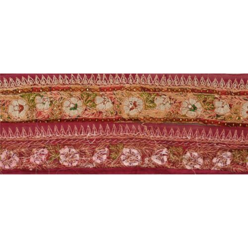 Sanskriti Vintage Dark Red Sari Border Hand Beaded 1 Yd Craft Trim Sewing Lace - Picture 5 of 8