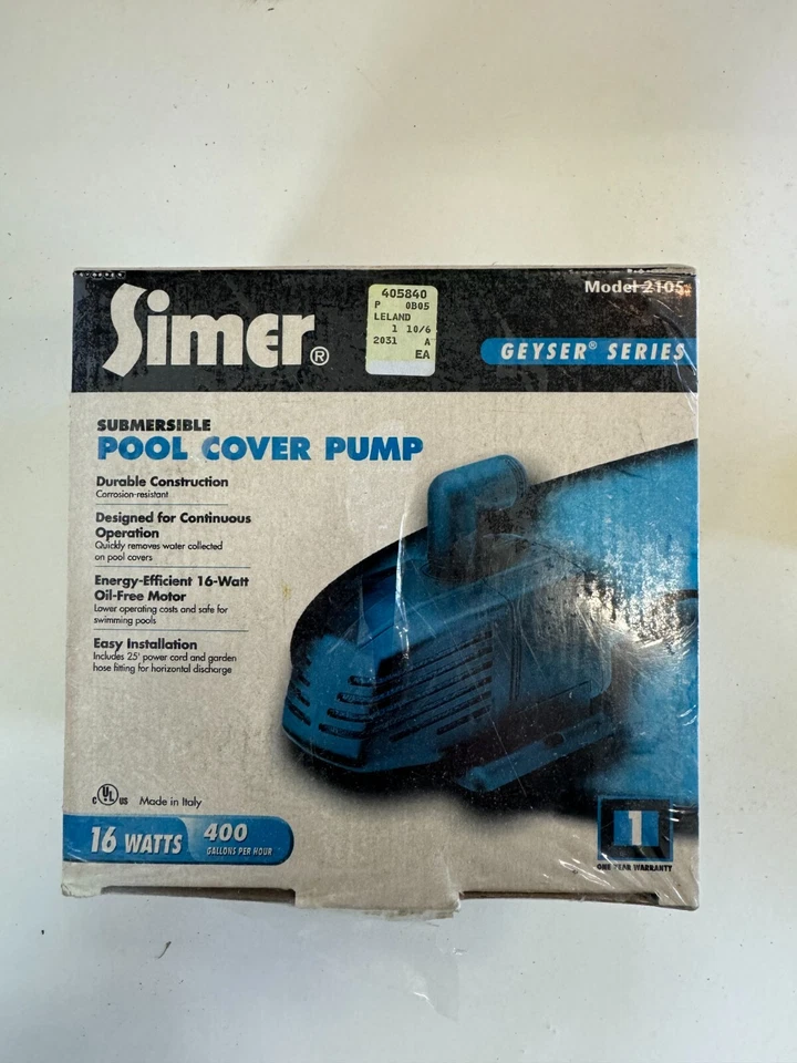 Simer Submersible Pool Cover Pump Geyser Series Model 2105 16W New Sealed - Image 2 of 4