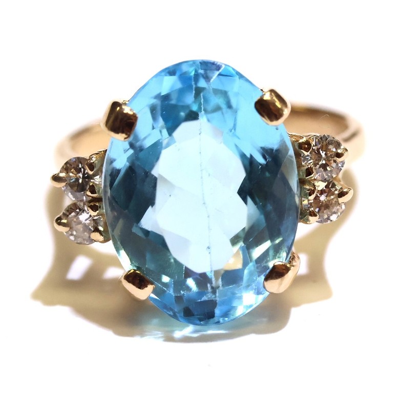 14k yellow gold Natural Blue topaz gemstone .28ct diamond ring 7.1g estate 8.5