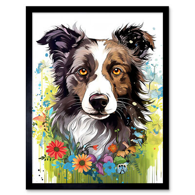 Border Collie Hund hell Aquarell Blumenportrait gerahmtes Kunstbild 12x16