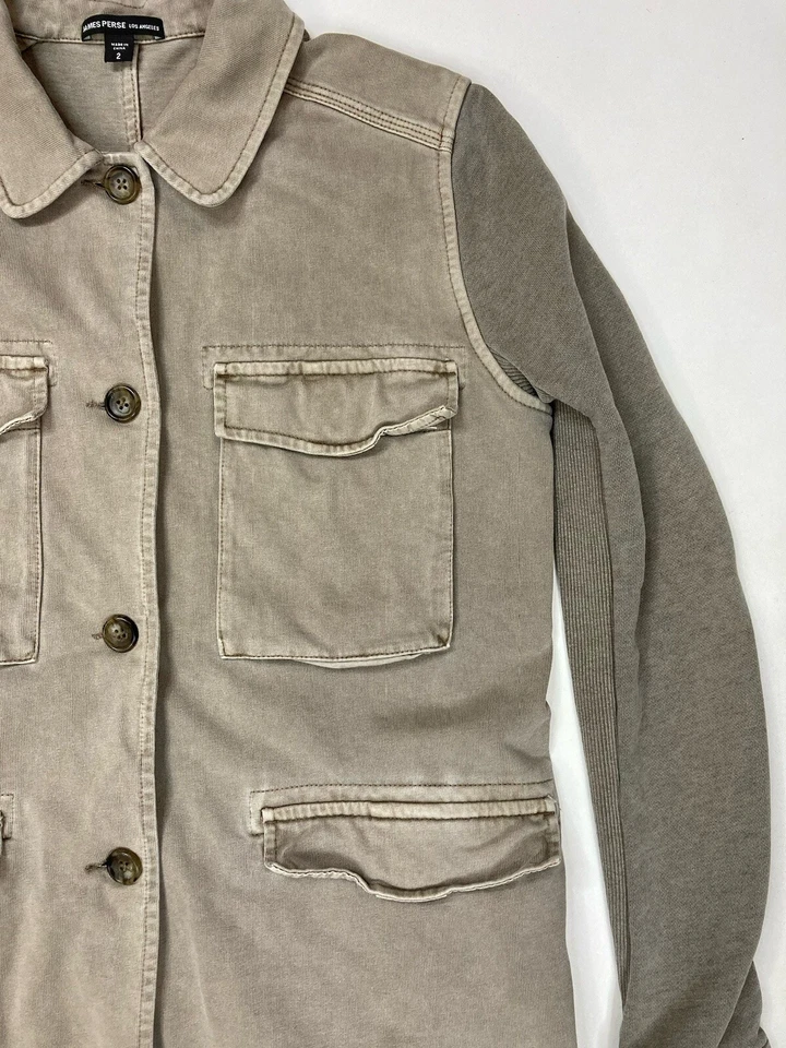 James Perse Mixed Knit Shirt Jacket Women Size 2 Medium Khaki Utility WDNW2417 - Image 2 of 4