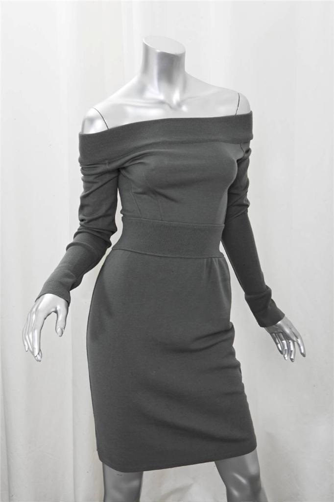 ALAIA Womens Green Wool Knit Off-Shoulder Long-Sleeve Sheath