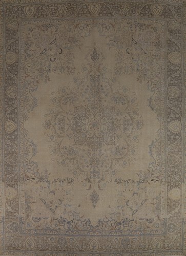 Vintage Muted Beige Floral Wool Tebriz Area Rug 10x13 Hand-made Room Size Carpet