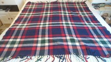 Vintage Plaid BLANKET, THROW, TROY 56"x51, Fringed, Stadium, Lap, Red/White/Navy