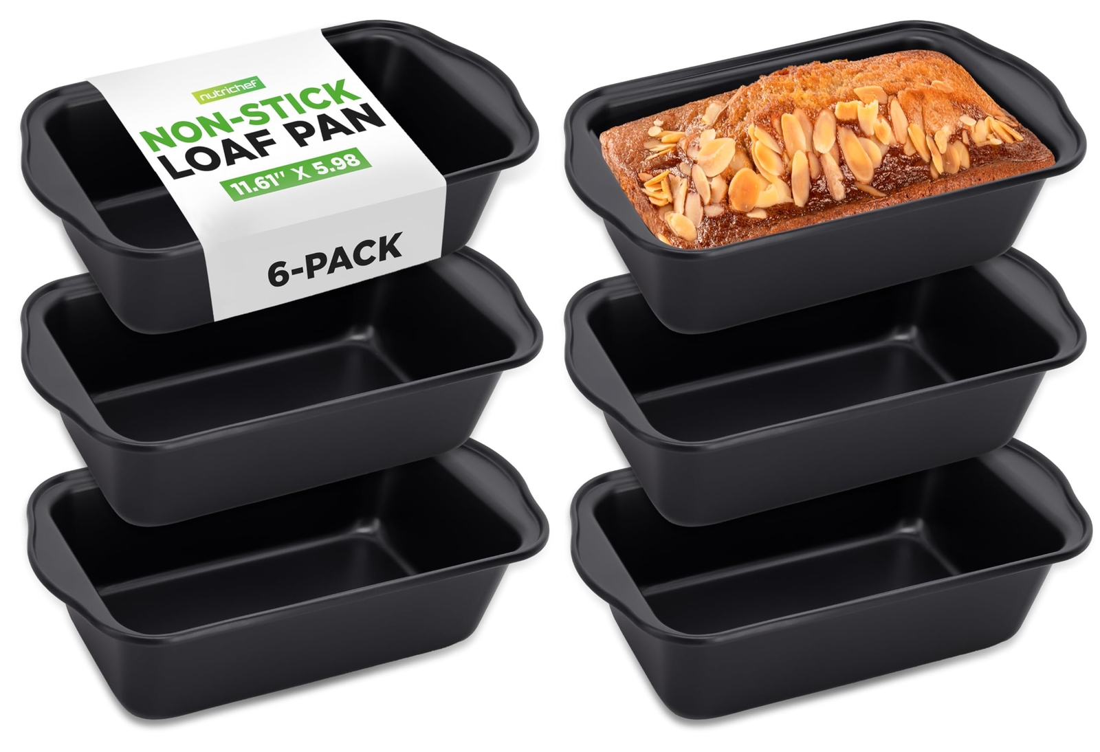 NutriChef 6-Piece Non-Stick Loaf Pan Set in Black for Easy Baking