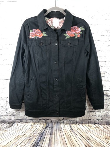LuLaRoe Jaxson Jacket Womens Size M Black denim w/Embroidered Roses - Picture 2 of 7