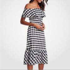 Ann Taylor Dress Gingham Off Shoulder Black White Midi Fringe Stretch 8