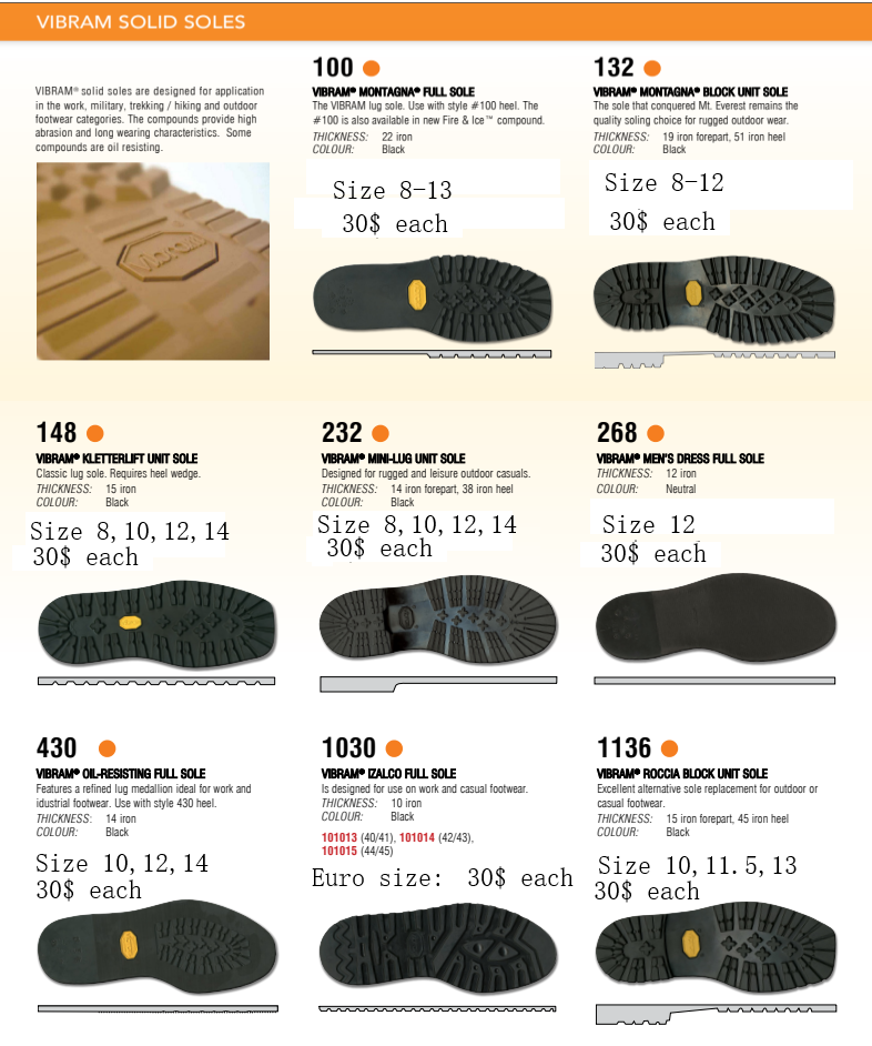 Vibram Full Soles Please inbox me the listed size and Qt desired