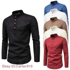 Men Linen Cotton Shirt Tops Mandarin Collar Slim Chinese T-shirt Pullover Solid