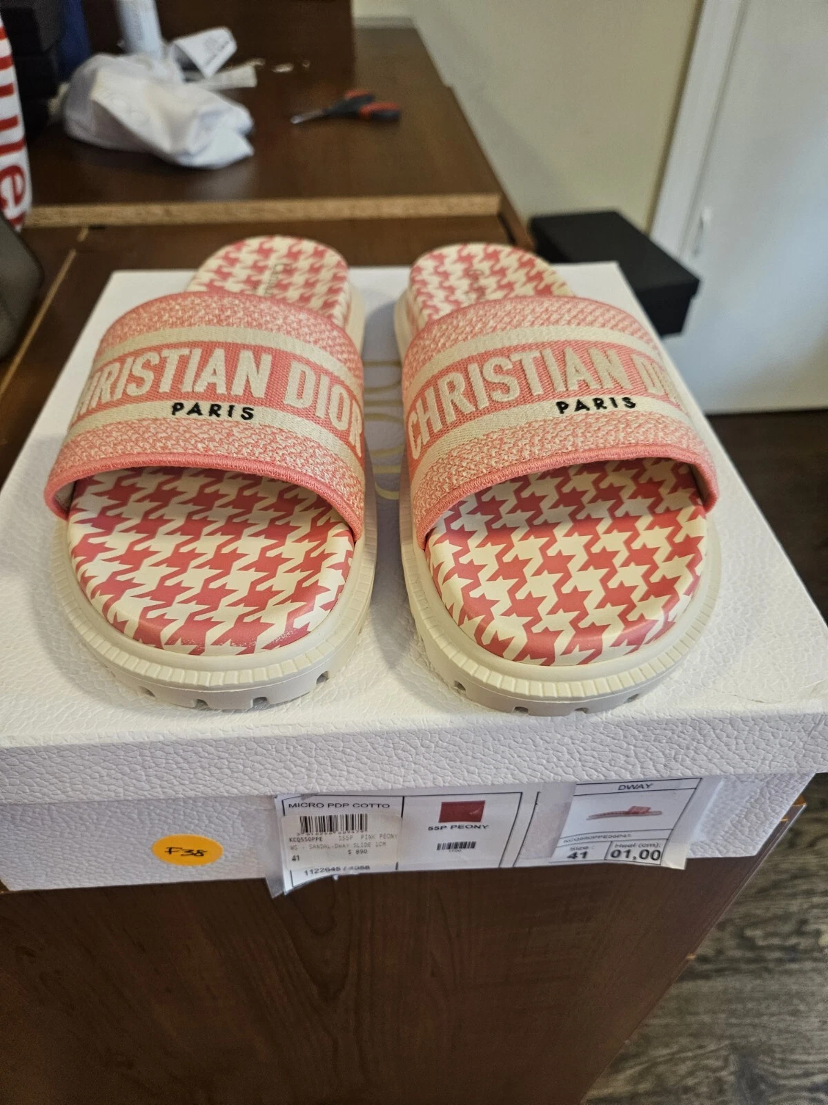 Sandales plates Christian Dior Dway logo pivoine pied de poule coulissant mule 41