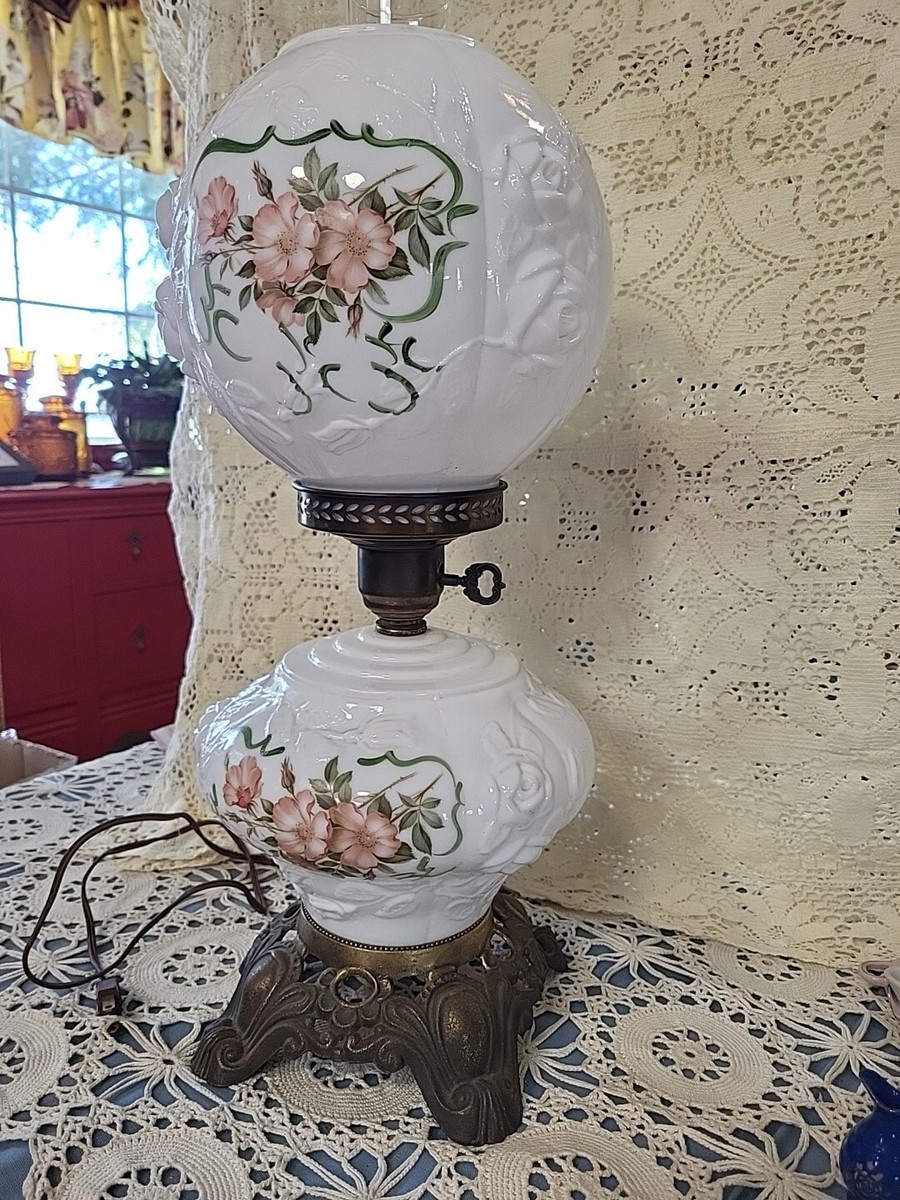 Antique Milk Glass Hurricane Style GwTW Wild Rose Motif Parlor