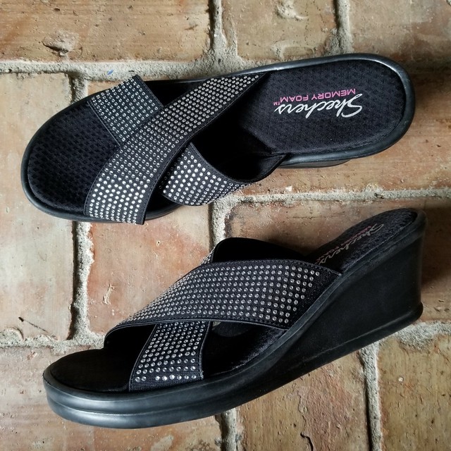 skechers black wedge sandals with rhinestones